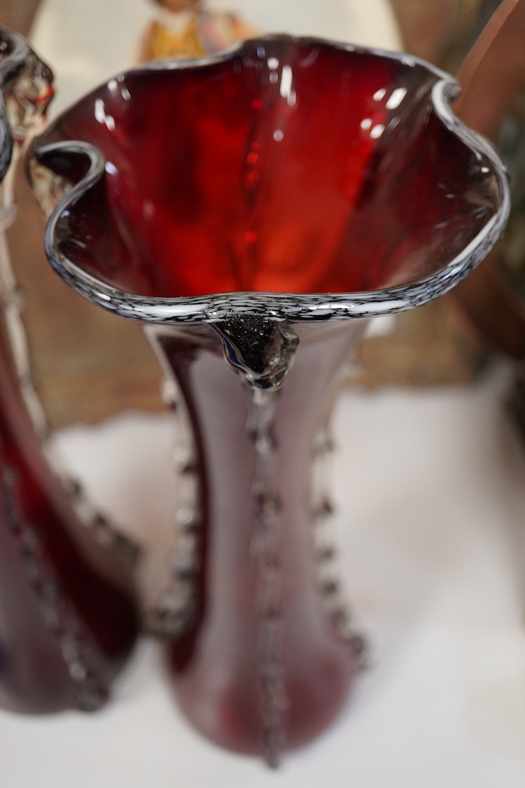 A pair of tall ruby and clear glass vases, 51cm high